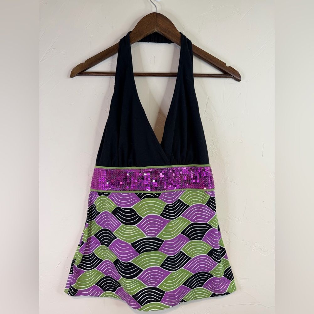Y2K Halter top with Purple Sequin Waist and Green-Purple Wave Print